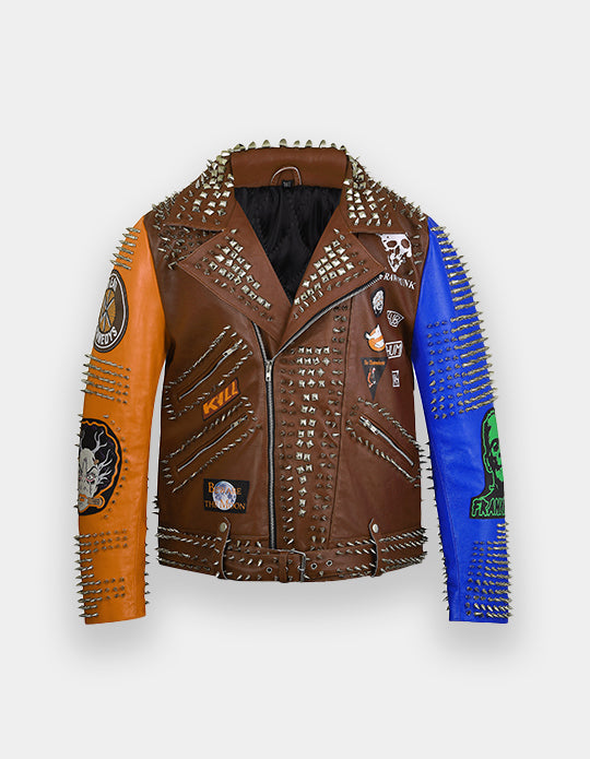 Punk Rock Gothic Studded Jacket, Steampunk Patches Motorbike Cowhide Leather Jacket, Men's Handmade Brando Heavy Metal Jacket,